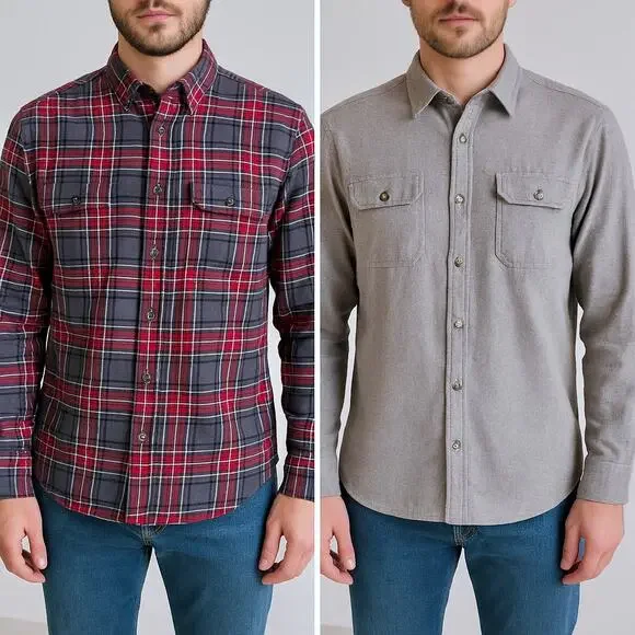 TWO Woolrich Long Sleeve Button Downs 100% Cotton Flannel Men L Shirt Red Gray - Picture 1 of 11